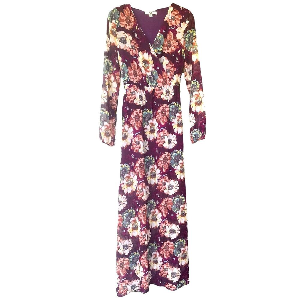 Grassroots Ya Los Angeles Flowy Maxi Dress Long Sleeves V-Neck Floral M NWT